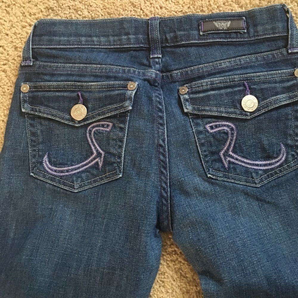 Rock & Republic EUC Kurt Low Rise Bootcut Jeans Purple Stitch Size 26 KRT0250
